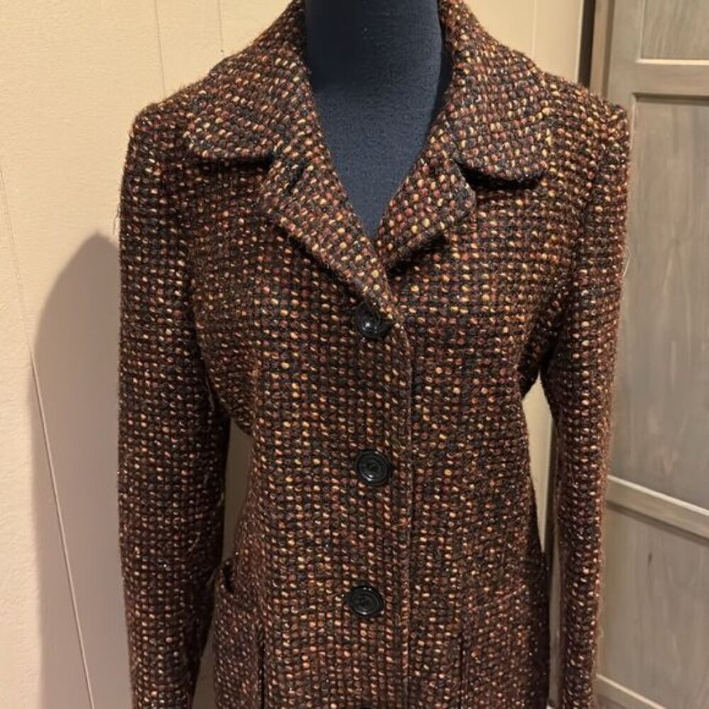 Jonathan Michael black/shades of brown/muted orange wool blend button front coat